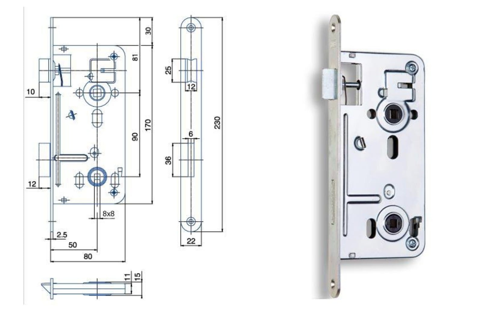 540.8 – Zámek zadlabací obyčejný, bez převodu - WC zámek, spodní ořech 8x8 mm